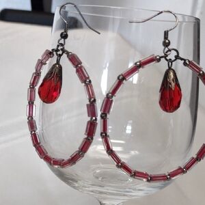 Red Faceted and Pink Beaded Hoop Earrings
